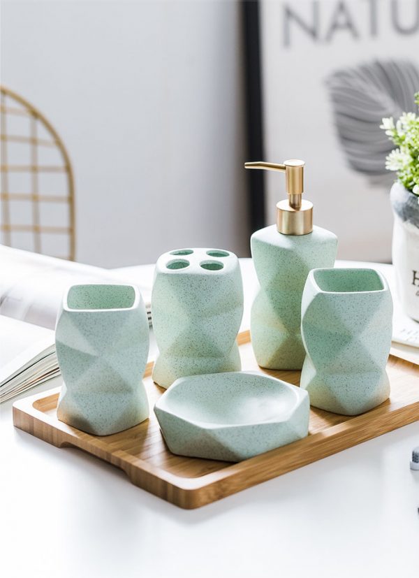 green pastel bathroom toothbrush holder dispenser cup bamboo tray set