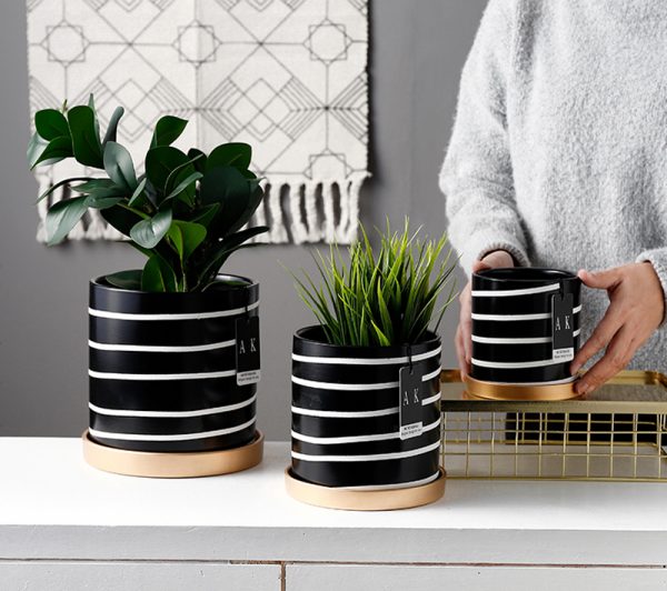 Stripped black and white modern flower pots