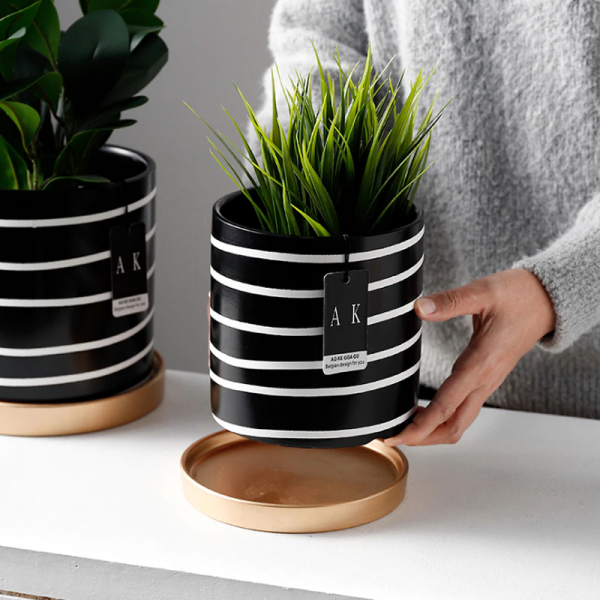 Scandinavian Black And White stripes Ceramic Flower Pot