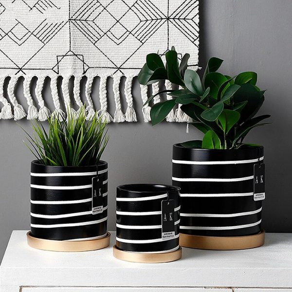Nordic Black And White Striped Ceramic FlowerPot With Tray Round